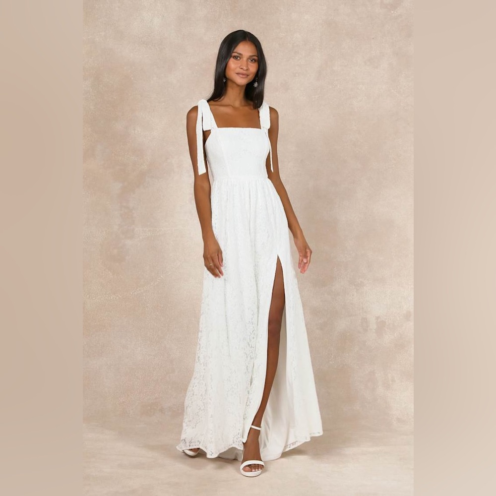 Lulu's White Maxi Dress with Slit and Bow Straps